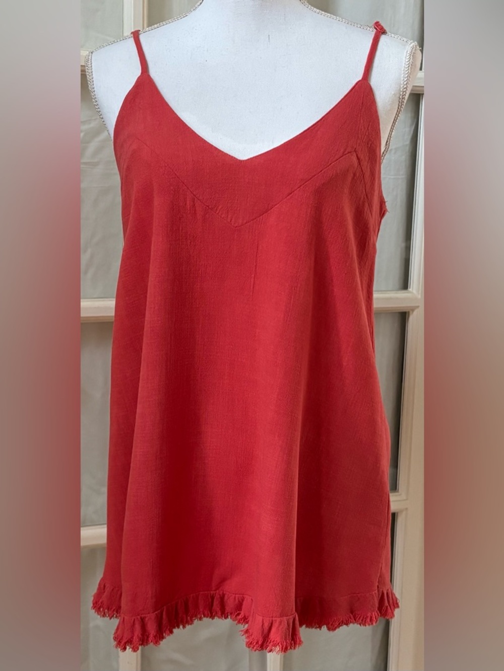 Umgee Boho Fringe Hem Tank Top Flowy Coral Summer Adjustable Straps S